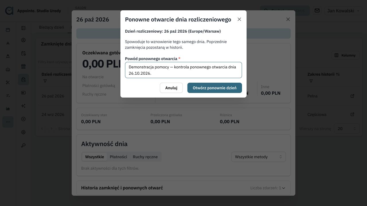 Okno ponownego otwarcia dnia z wymaganą przyczyną i potwierdzeniem
