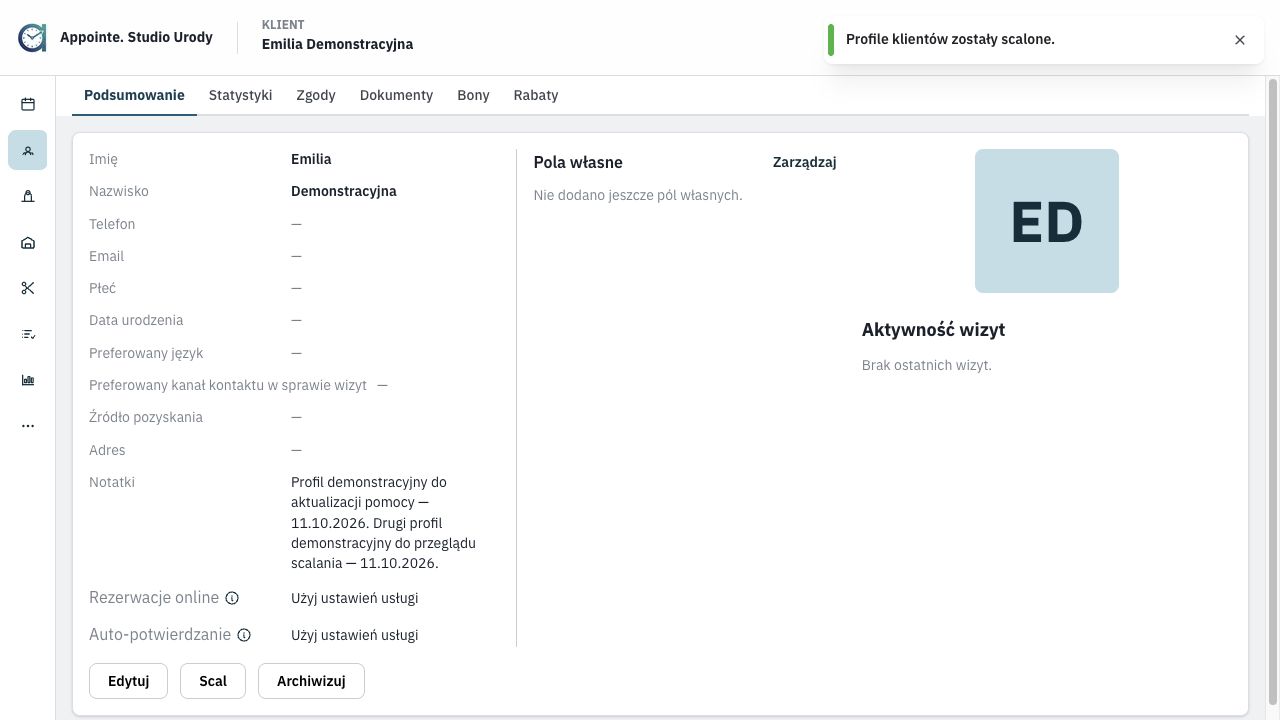 Komunikat o scaleniu profili klientów i podsumowanie zachowanego profilu