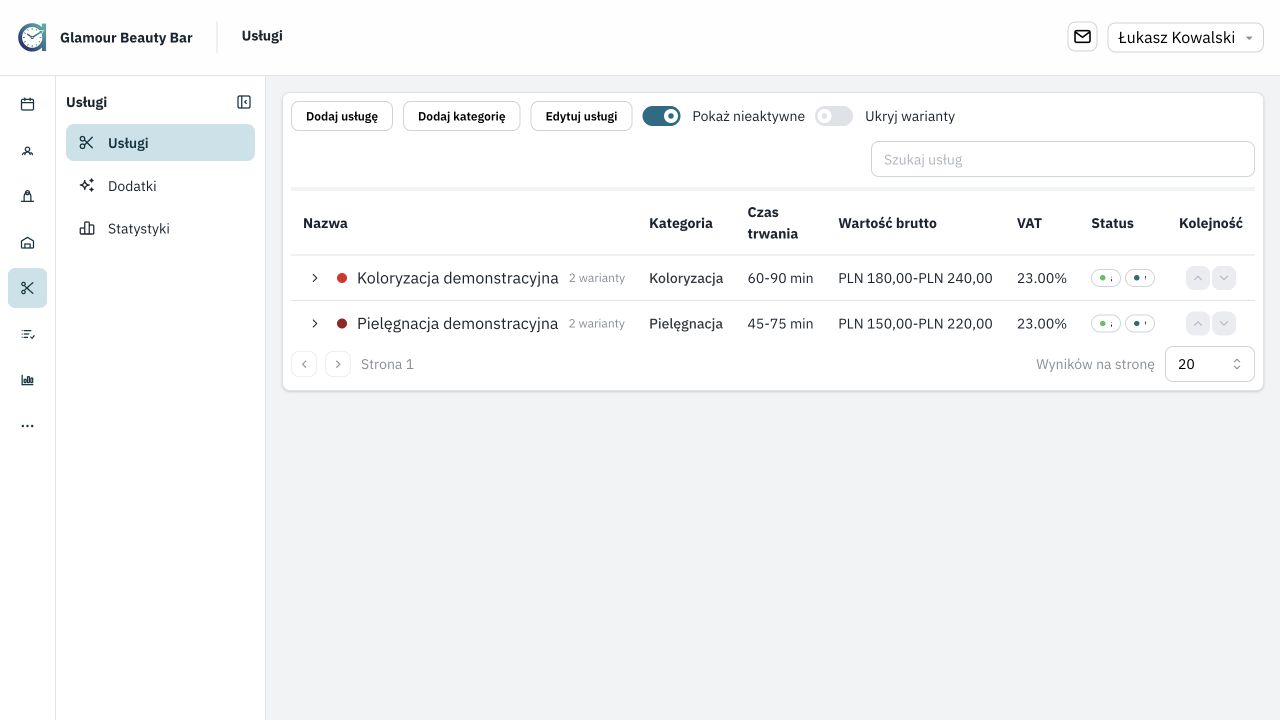 Aktualna lista usług salonu testowego