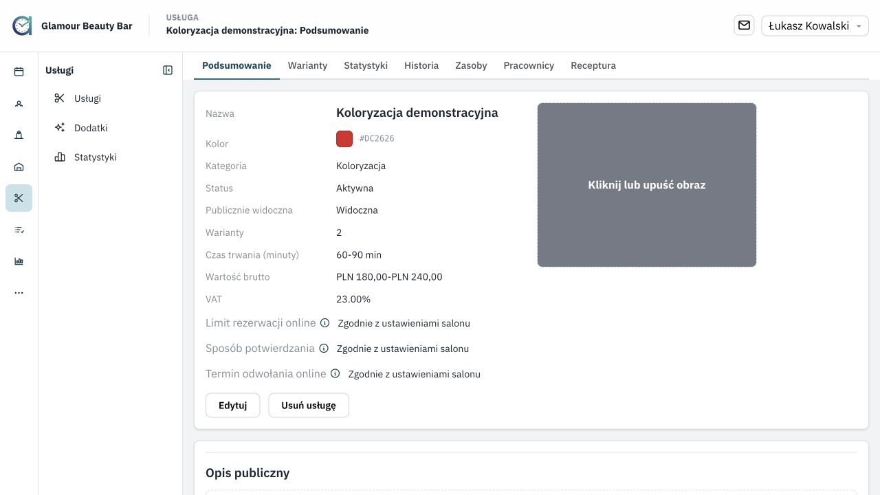 Aktualna karta podsumowania usługi z polami opisów