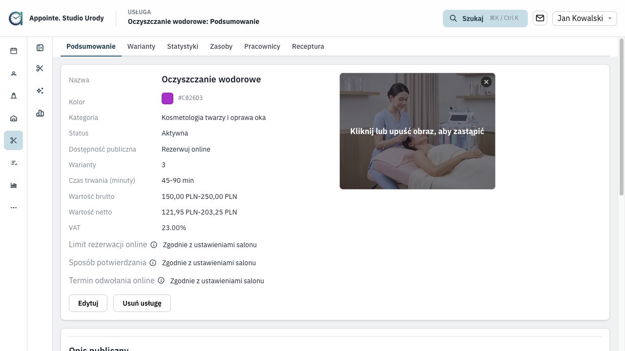 Aktualna karta podsumowania usługi z polami opisów